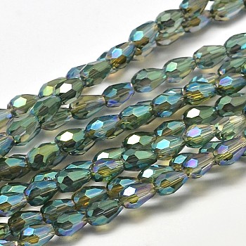 Faceted Teardrop Full Rainbow Plated Glass Bead Strands, Sea Green, 5x3mm, Hole: 1mm, about 100pcs/strand, 17.7 inch~19.6 inch