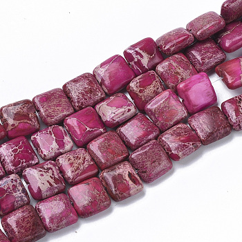 Natural Imperial Jasper Beads Strands, Dyed, Flat Slice Square Beads, Hot Pink, 10x10x4mm, Hole: 1mm, about 38~40pcs/Strand, 15.16 inch(38.5cm)