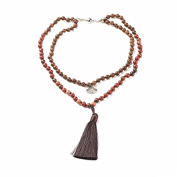 Round Wood Beaded Double Layer Necklace with Brass Magnetic Clasp, Alloy Lotus & Polyester Tassel Pendants Necklace for Women, Saddle Brown, 31.50 inch(80cm)