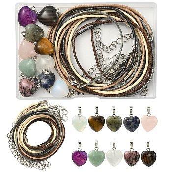 DIY Heart Necklace Making Kit, Including Braided Waxed Cotton Cord Necklace Making, Natural & Synthetic Mixed Gemstone Pendants, 20Pcs/box