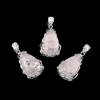 Natural Rose Quartz Pendants, with Brass Findings, Drop, Platinum, 31x19x8mm, Hole: 4.5x8mm
