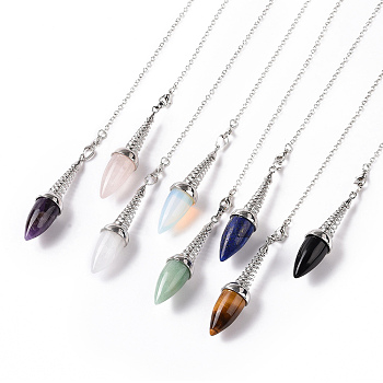 Mixed Gemstone Dowsing Pendulum Big Pendants, with Platinum Plated Brass Findings, Cone Charm, 250~255x2.5mm