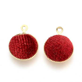 Handmade Velours Covered Pendants, with Brass Findings, Flat Round, Golden, Red, 14x11x3mm, Hole: 1mm