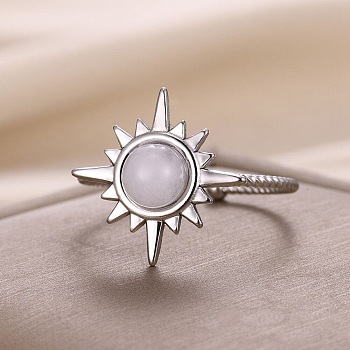 304 Stainless Steel Sun Open Cuff Rings, Opalite Ring for Women, Stainless Steel Color, Adjustable