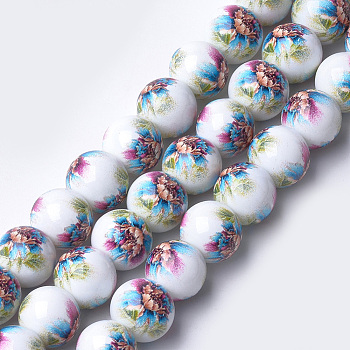 Printed & Spray Painted Glass Beads, Round with Flower Pattern, Colorful, 12~12.5x11.5mm, Hole: 1.4mm