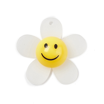 Frosted Translucent Acrylic Pendants, Sunflower with Smiling Face Charm, White, 29x30x9mm, Hole: 1.8mm