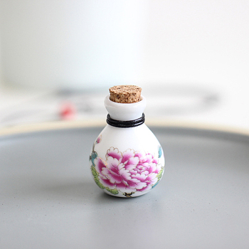 Porcelain Flower Pattern Perfume Bottle Pendant Necklace, Essential Oil Vial Jewelry for Women, Hot Pink, 18.50~27.56 inch(47~70cm)