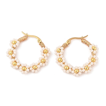 PVD Vacuum Plating 304 Stainless Steel Flower Hoop Earrings, with Glass Seed Beaded, Golden, White, 29.5x5mm