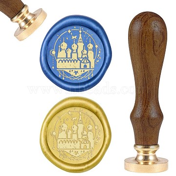 DIY Scrapbook, Brass Wax Seal Stamp and Wood Handle Sets, Castle, Golden, 8.9x2.5cm, Stamps: 25x14.5mm(AJEW-WH0100-697)