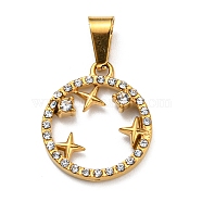 Vacuum Plating 304 Stainless Steel Pendants, with Rhinestone, Ring with Star Charm, Golden, 19x17x3mm, Hole: 7x3mm(STAS-D087-08G)