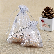 Christmas Printed Organza Drawstring Bags, Hot Stamping Snowflake Pouches, Rectangle, Silver, 8x6cm(XMAS-PW0001-233A-02)