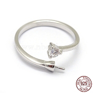 Rhodium Plated 925 Sterling Silver Finger Ring Components, For Half Drilled Beads, with Cubic Zirconia, Platinum, Size 7, 17mm, Tray: 2mm, Pin: 0.7~1mm(STER-P042-24P)
