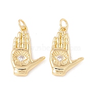 Brass Micro Pave Clear Cubic Zirconia Pendants, with Jump Rings, Cadmium Free & Lead Free, Long-Lasting Plated, Palm with Eye, Real 18K Gold Plated, 22x14x3mm, Hole: 3mm(ZIRC-P098-10G)