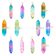 HOBBIESAY 12Pcs 4 Style Glass Pendants, Wire Wrapped Pendants, with Brass Findings, Bullet, Mixed Color, 16~42x10~33x10mm, Hole: 2~2.5mm, 3pcs/style(GLAA-HY0001-03)