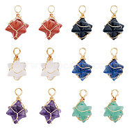 12Pcs 6 Styles Natural Mixed Gemstone Copper Wire Wrapped Pendants, Merkaba Star Charms, Golden, 26~31x20~21x13~15mm, Hole: 5~5.5mm, 2pcs/style(G-DC0001-29)