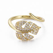 Brass Micro Pave Clear Cubic Zirconia Cuff Rings, Open Rings, Nickel Free, Leaf, Real 16K Gold Plated, US Size 6 3/4(17.1mm)(RJEW-Q164-014-NF)