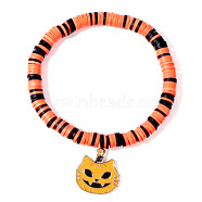 Ghostly Polymer Clay Heishi Stretch Bracelets, Halloween Charm Bracelets for Halloween Party, Cat Shape, 6-7/8 inch(17.5cm)(BH7010-20)