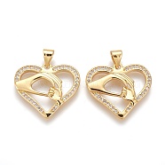 Brass Micro Pave Clear Cubic Zirconia Pendants, Long-Lasting Plated, with Snap on Bails, Heart with Hand in Hand, Golden, 19x21.5x2.5mm, Hole: 4.5~3.5mm(X-ZIRC-Z005-07)