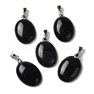 Synthetic Blue Goldstone Pendants, Oval Charms with Rack Plating Platinum Plated Brass Snap on Bails, 30x21.5~22x6~6.5mm, Hole: 6x4mm(G-Z055-03P-23)