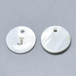 Natural White Shell Mother of Pearl Shell Charms, with Iron Sticker, Flat Round with Letter, Letter.J, 13x2mm, Hole: 1.5mm(X-SSHEL-N036-053J)