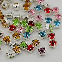 Sew on Rhinestone, Grade A Glass Rhinestone, with Brass Prong Settings, Garments Accessories, Silver Color Plated Metal Color, Mixed Color, 3.4~3.5x3.4~3.5mm, Hole: 1mm,about1440pcs/bag(RB-J179-SS14-M)