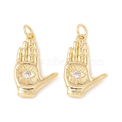 Brass Micro Pave Clear Cubic Zirconia Pendants, with Jump Rings, Cadmium Free & Lead Free, Long-Lasting Plated, Palm with Eye, Real 18K Gold Plated, 22x14x3mm, Hole: 3mm(ZIRC-P098-10G)