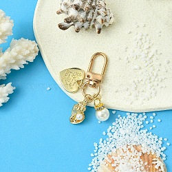 Heart & Shell Shape Alloy & ABS Plastic Imitation Pearl Pendant Decoration, for Bag Ornaments, Golden, 55mm, Pendant: 16~23mm(HJEW-YW00027-02)