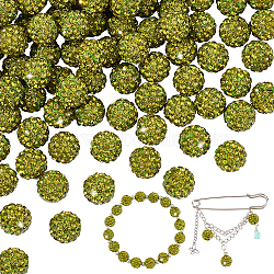 Elite 100Pcs Pave Disco Ball Beads, Polymer Clay Rhinestone Beads, Round, Olivine, PP13(1.9~2mm), 6 Rows Rhinestone, 10mm, Hole: 1.5mm(RB-PH0001-25C)