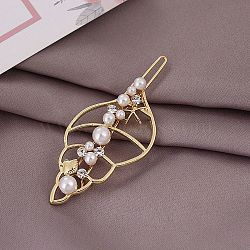 Plastic Imitation Pearl & Alloy Rhinestone Hair Barrettes, Frog Buckle Hairpin for Women Girls, Conch Shape, Golden, 61.5mm(AJEW-A056-03D)