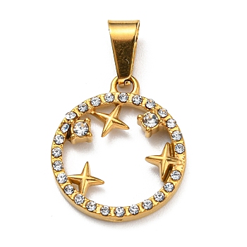 Vacuum Plating 304 Stainless Steel Pendants, with Rhinestone, Ring with Star Charm, Golden, 19x17x3mm, Hole: 7x3mm
