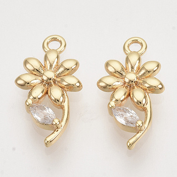 Brass Micro Pave Clear Cubic Zirconia Pendants, Nickel Free, Flower, Real 18K Gold Plated, 20x11x2mm, Hole: 1.2mm