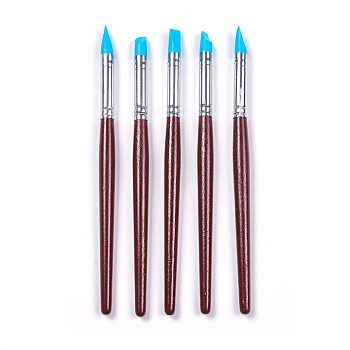 Paint Brushes, with Soft Silicone Rubber Head & Wood Handle, Shaping Modeling Wipe Out Tools, For Sculpture Pottery, Coconut Brown, 170~173x20mm, Head: 15~20.5x7.5mm, 5pcs/set