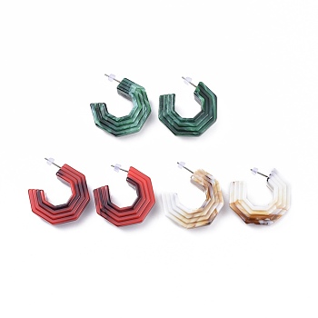 Acrylic Stud Earrings, Half Hoop Earrings, with 304 Stainless Steel Stud Earring Findings and Plastic Ear Nuts, Mixed Color, 37x36x13.5~14mm, Pin: 0.7mm