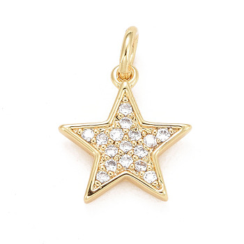 Eco-Friendly Brass Micro Pave Clear Cubic Zirconia Pendants, with Jump Ring, Long-Lasting Plated, Lead Free & Cadmium Free, Star, Real 24K Gold Plated, 12x11.5x2mm, Hole: 3mm