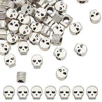 60Pcs Tibetan Style Alloy European Beads, Large Hole Beads, Skull, Antique Silver, 10x8x7mm, Hole: 4.5mm