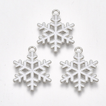 Alloy Pendants, Cadmium Free & Lead Free, with Enamel, Christmas, Snowflake, Platinum, White, 25x19x1.5mm, Hole: 2mm