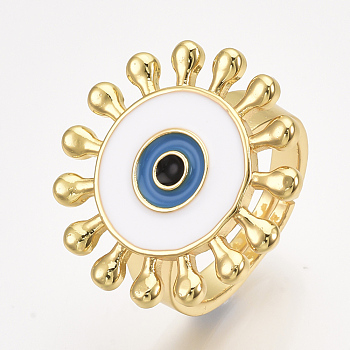 Adjustable Brass Finger Rings, with Enamel, Sun with Eye, White, Size 8, 18mm