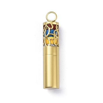 Ion Plating(IP) Openable 304 Stainless Steel Perfume Bottle Pendants, with Perfume Pad, Column with Flower Charm, Golden, 47x9.5mm, Hole: 5mm