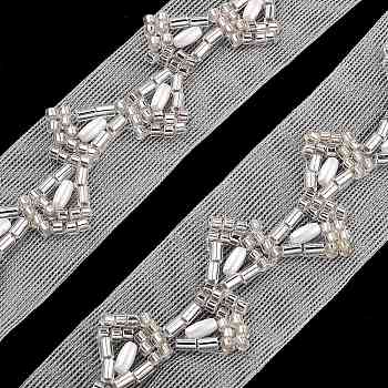 Polyester Leaf Lace Trims, with ABS Imitation Pearl Beads and Glass, Floral White, 1 inch(24mm)