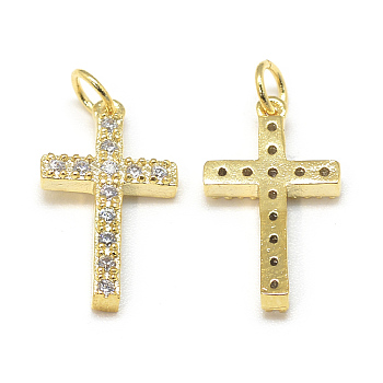 DIY Brass Micro Pave Cubic Zirconia Charms, Cross, Golden, 16x9x2mm, Hole: 2.5mm