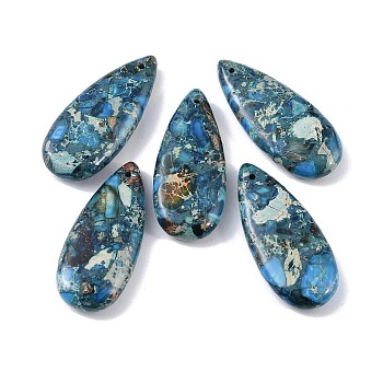 Dyed Synthetic Imperial Jasper Pendants, Teardrop Charms, Steel Blue, 35x15x6mm, Hole: 1.2mm