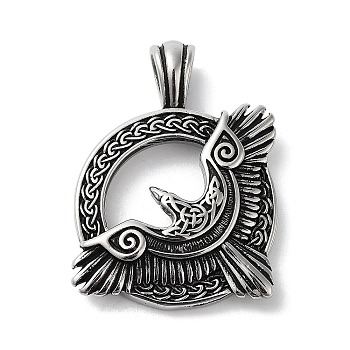 304 Stainless Steel Pendants, Flat Round with Eagle Charm, Antique Silver, 40x30x5.7mm, Hole: 4.8x6mm