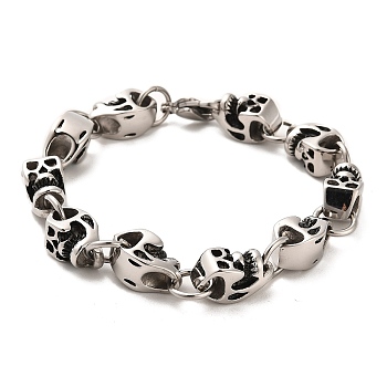 304 Stainless Steel Skull Link Chain Bracelets, Antique Silver, 8-5/8 inch(21.8cm)