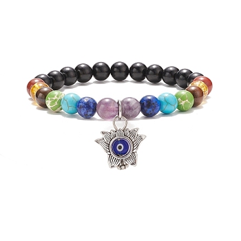 Natural Wood & Mixed Gemstone Round Beaded Stretch Bracelet, 7 Chakra Bracelet with Alloy Lotus with Lampwork Evil Eye Charm for Women, Inner Diameter: 2-1/2 inch(6.2cm)