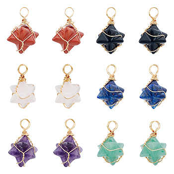 12Pcs 6 Styles Natural Mixed Gemstone Copper Wire Wrapped Pendants, Merkaba Star Charms, Golden, 26~31x20~21x13~15mm, Hole: 5~5.5mm, 2pcs/style