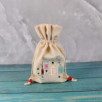 Printed Rectangle Cotton Storage Bags, Drawstring Pouches Packaging Bag, Bottle, 23x15cm