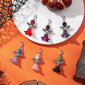 6Pcs 6 Colors Transparent Acrylic & Dyed Synthetic Turquoise Halloween Skull Angel Pendant Decorations, with Alloy Lobster Claw Clasps, Platinum, Mixed Color, 46~47mm, 1pc/color