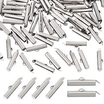 304 Stainless Steel Slide On End Clasp Tubes, Slider End Caps, Stainless Steel Color, 6x20x4mm, Hole: 3x1.5mm, Inner Diameter: 3mm, 100Pcs/box