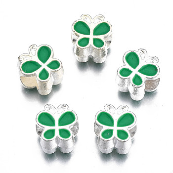 Alloy Enamel European Beads, Large Hole Beads, Cadmium Free & Lead Free, Antique Silver, Butterfly, Lime Green, 10x9.5x7mm, Hole: 4.5mm