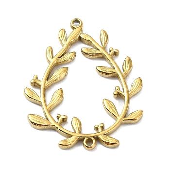 Ion Plating(IP) 304 Stainless Steel Connector Charms, Leaf Teardrop Wreath Links, Real 18K Gold Plated, 28.5x23x2mm, Hole: 1.2mm